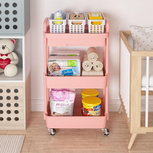 Calmootey 3-Tier Rolling Utility Cart with Drawer, Multifunctional Storage Organizer with Plastic Shelf & Metal Wheel,