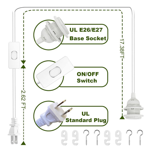 20Ft E26 E27 Pendant Light Cord, Plug in Light Socket Hanging lamp Kit with On/Off Switch, Socket Rings, UL Approval