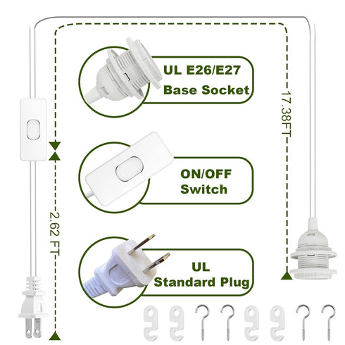 20Ft E26 E27 2 Pack Pendant Light Cord, White Plug in Hanging Lamp Kit Corded Light Socket with On/Off Switch, Socket