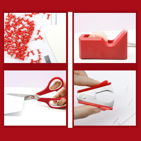UPIHO Red Office Supplies Set - Red Desk Accessories, Stapler, Tape Dispenser, Scissors, and More for Women
