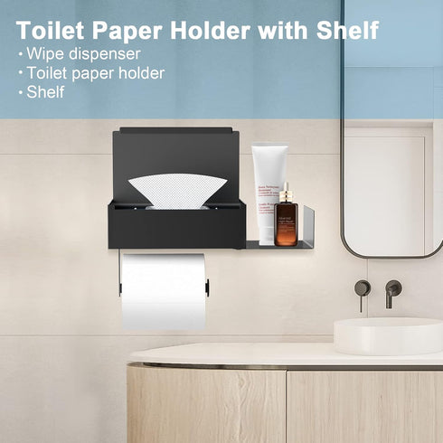 FUNLEU Toilet Paper Holder with Shelf, Self Adhesive Toilet Paper Holder with Storage, Wipe Holder for Bathroom
