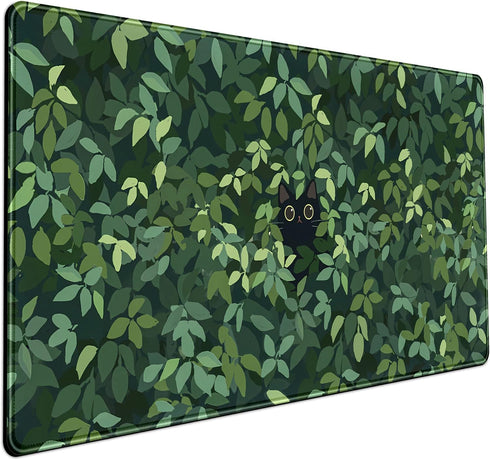 Cute Cat Mouse Desk Pad - Kawaii Green Desk Mat, Large Gaming Mouse Pad for Computer Office, Non-Slip Base, Stitched