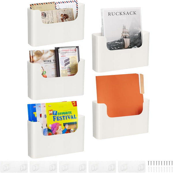 Wall Mount Folder Holder File Organizer - No Drilling Hanging File Mail Organizer, Off White (5 Count) for Office