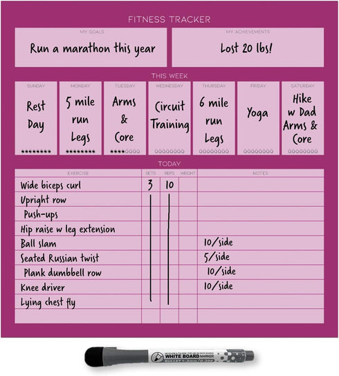 Dry Erase Whiteboard Fitness Tracker - Removable Adhesive Decal with Fine-Tip Magnetic Marker Included (12" x 12")