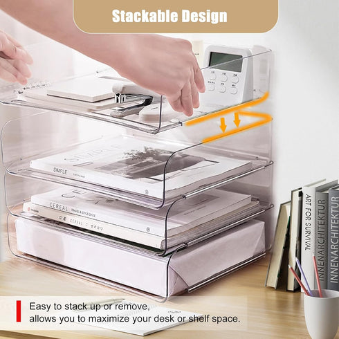 Clear Stackable Paper Trays 4 Pack, Desktop Racks with File Bags for Books, Magazines, and A4 Size Paper