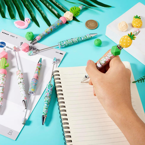 Beadthoven 12pcs DIY Beadable Pens with Hawaiian Flower Plastic Beads and Assorted Tropical Summer Beads for Office