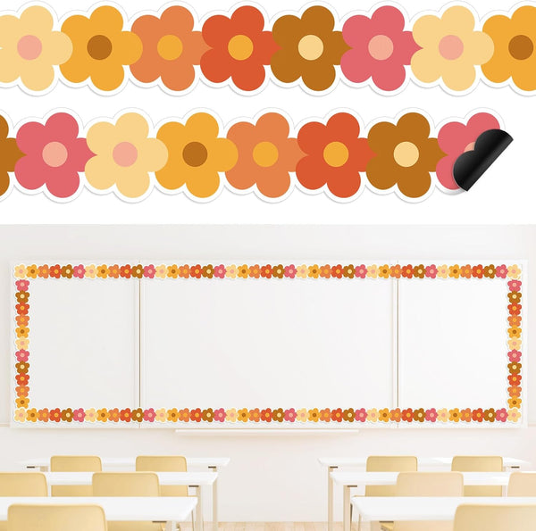 Whaline 24Pcs Groovy Retro Hippie Flower Magnetic Bulletin Board Border for Office Classroom Decor