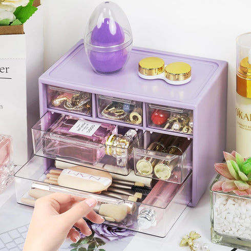 Desk Storage Organizer with 6 Mini Drawers, FODIENS Stackable Desktop Craft Drawer Cabinet, Clear Storage Box Caddy for Makeup Jewelry Office Craft Supplies (Purple) by FODIENS