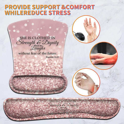 Keyboard Wrist Rest Pad & Ergonomic Mouse Pad Set, Proverbs 31:25 Pink Design for Gaming, Office, Pain Relief