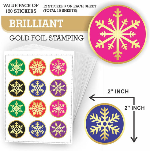 PARTH IMPEX Snowflake Stickers, Pack of 120 - 2" Large Round Gold Foil Stamping Labels for Christmas Holiday Cards