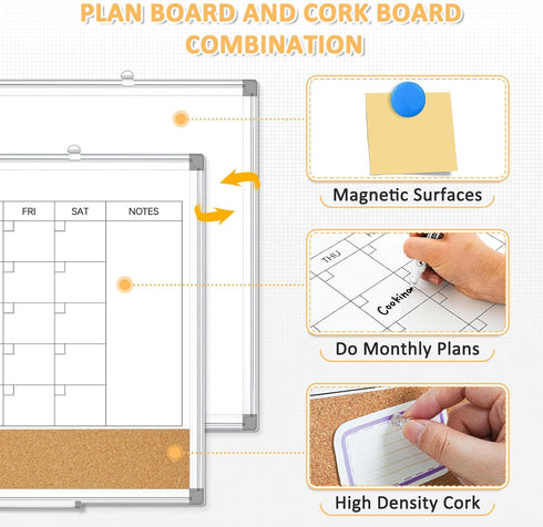 Dry Erase Calendar Board for Wall, 24"x18" Magnetic Whiteboard Calendar with Cork Board and Aluminum Frame