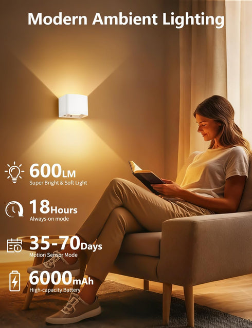 GeyouLux 10-100% Dimmable 2700-6500K, 3 5000mAh 2-Pack Motion Sensor Wall Lights, Wireless Rechargeable Wall Sconce