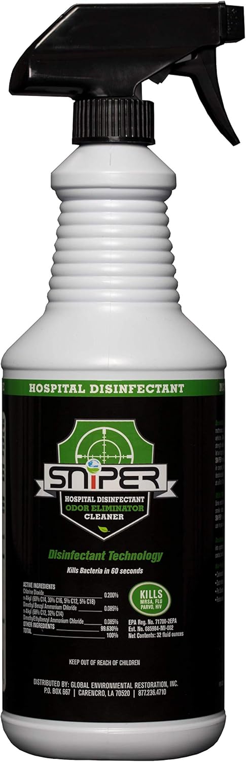 SNiPER Hospital Disinfectant, 32 Ounce Spray, Odor Eliminator & All-Purpose Cleaner