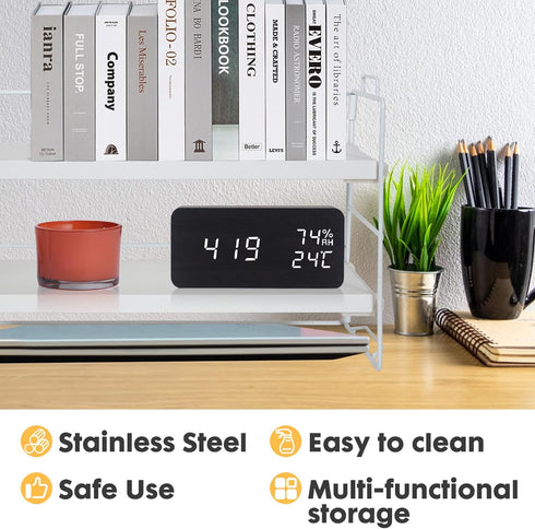 PowerKing 2-Tier Desk Shelf Organizer, Adjustable Bookshelf Storage Rack for Home Office, White Frame + White Wood