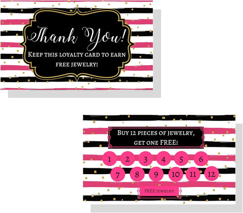 Jewelry Loyalty Cards | 50 Pack Thank You Notes | Black and Pink Stripe with Gold Dots | 5 Bling Buy 12 Get One Free