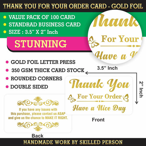 PARTH IMPEX Thank You for Your Order Cards, Pack of 100, 3.5" x 2", Gold Foil Purchase Inserts for Small Business