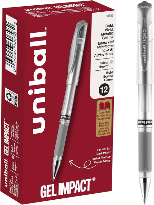 uniball Impact Gel Pen, Medium 1 Mm, Silver Metallic Ink, Silver Barrel