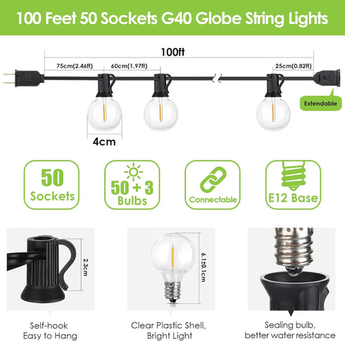 Mlambert 100Ft Dimmable 53 G40 Bulb 1 Pack LED Outdoor String Lights, Patio Lights, Waterproof Shatterproof Globe
