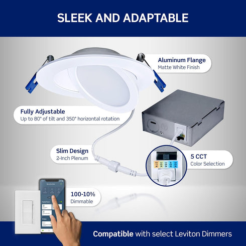 4 820 5 2700K-5000K, Dimmable, DAR40-S1W Leviton in. Round Adjustable Slim Downlight, Lumens, CCT Color Selectable