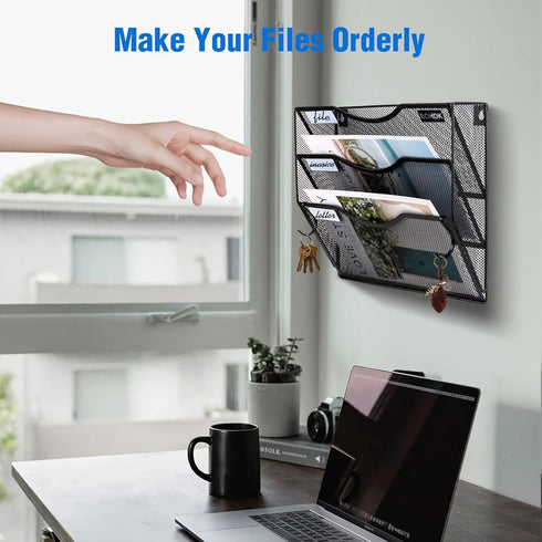 Wall File Organizer, 3 Tier Vertical Mesh Metal Hanging File Holder for Paper Document & Magazine Rack, Black