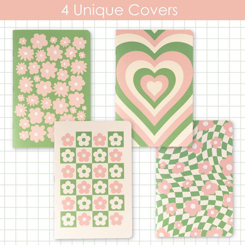 THiNKABLE Cute Journal Set, 4 Pack Pastel Notebooks, A5 60 Pages, Green Pink Aesthetic for Girls