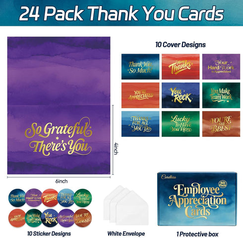 50 Pack 4" 6" Gold Foiled Employee Appreciation Cards with Envelopes and Stickers, x Thick Employee Thank You Cards