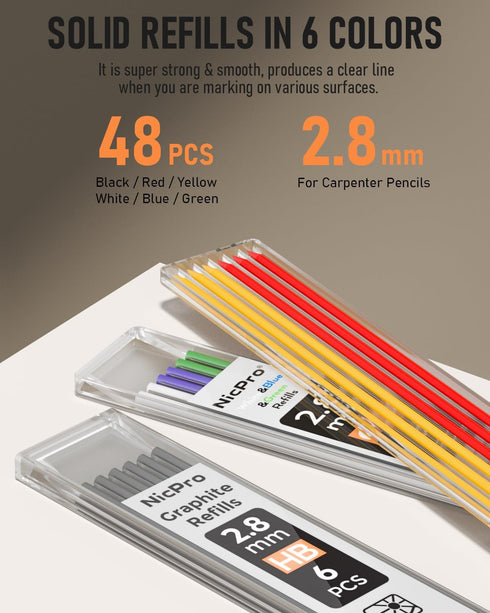 6 Pack Set 54PCS Nicpro Carpenter Pencil with Sharpener,Mechanical Pencils Refills(Black,Red,Yellow,Blue,Green,White)