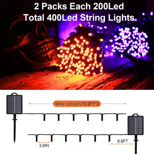 2Pack 144ft 400 8 IP44 Solar Halloween String Lights Outdoor Orange, LED Spooky Lights Modes with Timer, Waterproof