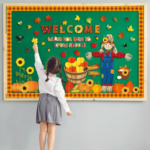 Pasimy 102 Pcs Fall Pumpkin Bulletin Board Classroom Decorations, Autumn Thanksgiving 3D Scarecrow and Honeycomb