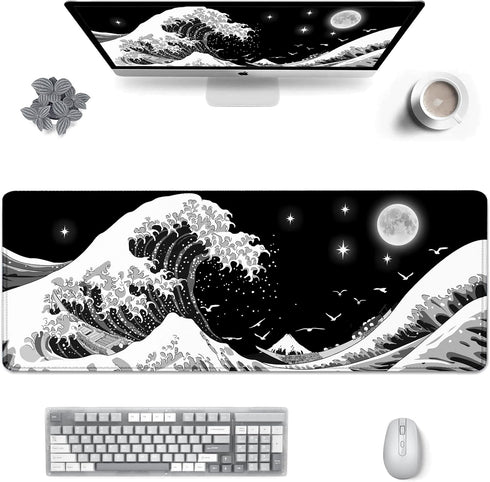 Gaming Mouse Pad, Japanese Black and White Sea Wave Large XXL Extended Desk Mat, 31.06" x 11.8" for Home Office Gaming