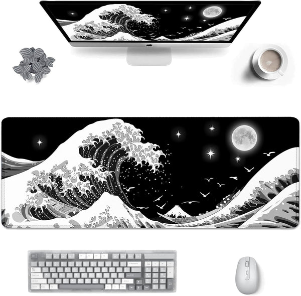 Gaming Mouse Pad, Japanese Black and White Sea Wave Large XXL Extended Desk Mat, 31.06" x 11.8" for Home Office Gaming