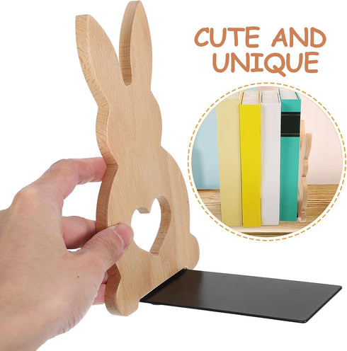 Charming Wooden Bunny Bookends for Desk Cute Rabbit Design Book Holder Shelf Organizer Compact Desk and Shelf Storage