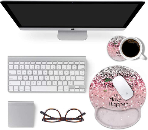 Ergonomic Mouse Pad Wrist Support Set, Pink Glitter Inspirational Quote Wrist Rest Pad with Coasters for Home Office