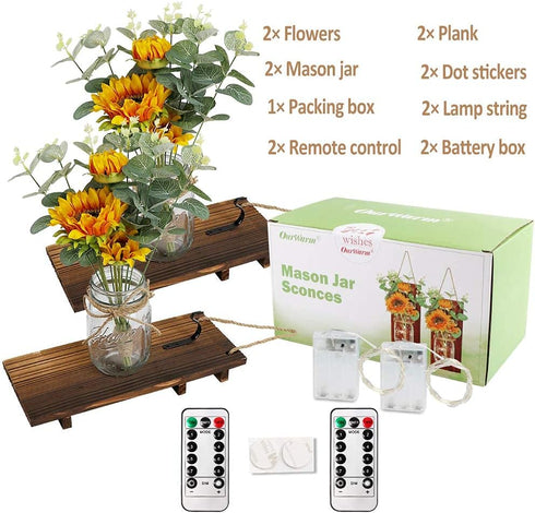 Set OurWarm Sunflower Wall Sconces of Two, Mason Jar Sconces Farmhouse Wall Decor Comes with Remote Control and Warm