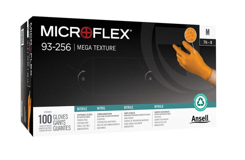 Ansell Microflex 93-256 Mega Texture Grip Extra Durable Nitrile Disposable Gloves, 6.3 mil - Small (6.5-7.0), Orange (Box of 100)