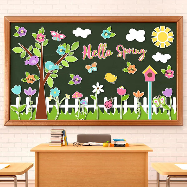 Whaline 116Pcs Spring Bulletin Board Decorations Set Colorful Tree Flower Bird Butterfly Cutouts