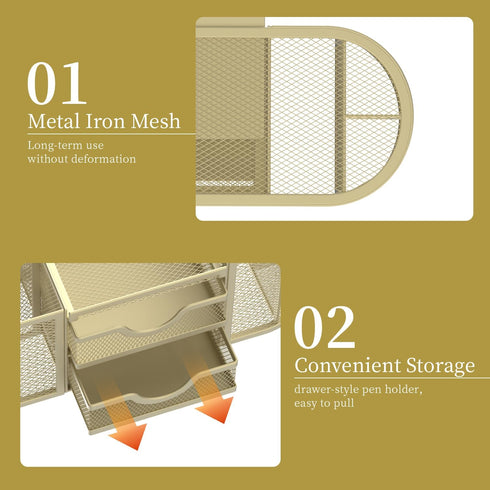 SUPEASY Mesh Desk Organizer, Desk Accessories with Pen Holder and 2 Drawers for Office Supplies - Golden Yellow