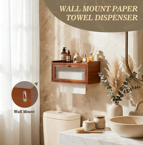 Wall Mount Paper Towel Holder, Wooden Paper Towel Dispenser for C-Fold Z-Fold Trifold Towel, Brown Bathroom Paper Towel