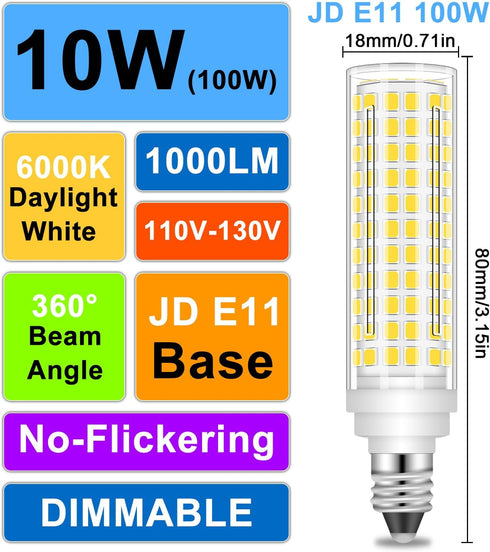 E11 LED Bulb Dimmable, JDE11 120V 100W Halogen Equivalent, 10W 1000 Lumen T3/T4 Mini Candelabra Base, E11 Bulbs for Ceiling Fan, Cabinet Lighting, Pack of 2 (Daylight White 6000K) by TZHILAN