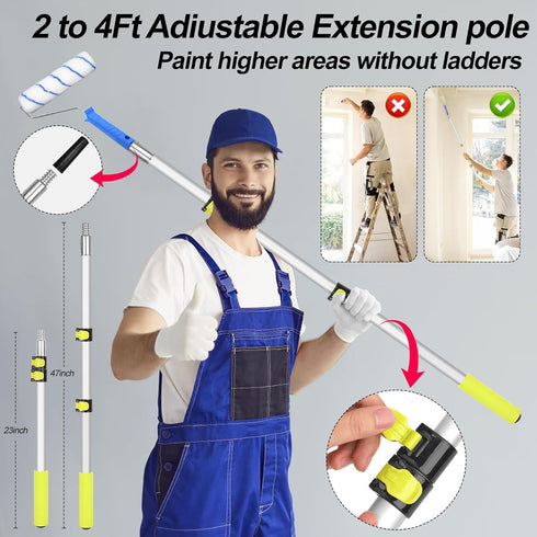 31 2 4 Ft,9"4"Paint Set PCS Paint Roller Kit with Extension Pole to Rollers Covers Frame Tray Painters Tape