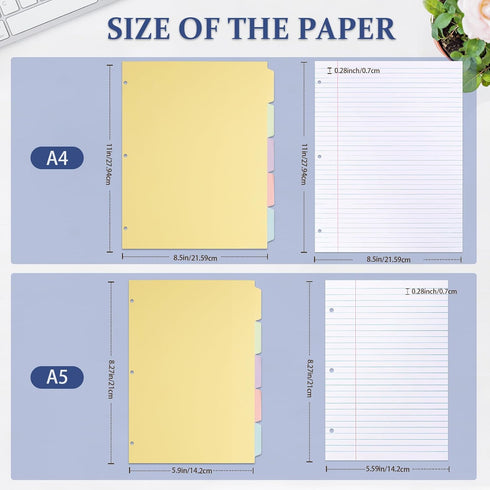 Filler Paper, 8.5” x 11” Lined Notebook Paper, 3 Holes College Rule with Dividers, 100gsm 260 Pages A4 Loose Leaf