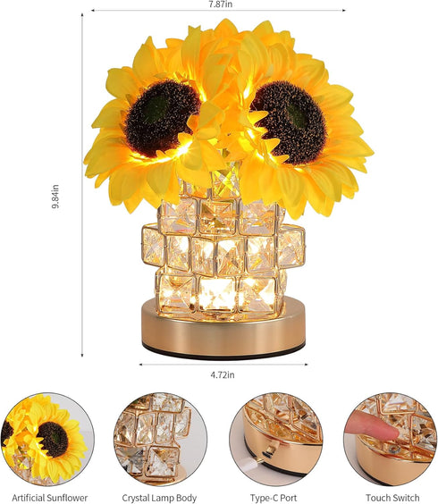Lamp,3-Colour Dimming AIHYING Sunflowers Flower Lamp,Rechargeable Cordless Touch Infinitely Small Night Light,Crystal