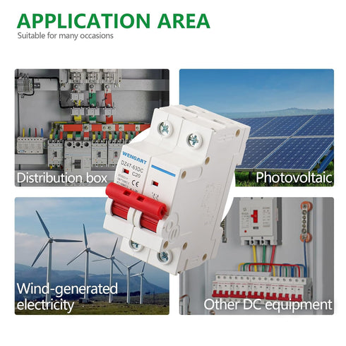 DC Miniature Circuit Breaker DZ47-63Z, 500V 2 Poles 10-63A for Battery and Solar PV Systems, DIN Rail Mount