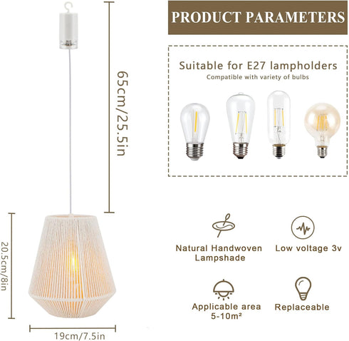 8" 6 JHY DESIGN Battery Powered Hanging Lamp H Braided Cotton Rope Decorative Pendant Lamp Battery Lamp with Hours