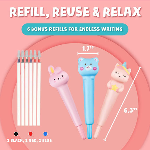 BUNMO Cute Pens - Squishy Fun Pens with Soft Grip & 6 Colorful Refills - Gifts for Tweens (3 Pack)