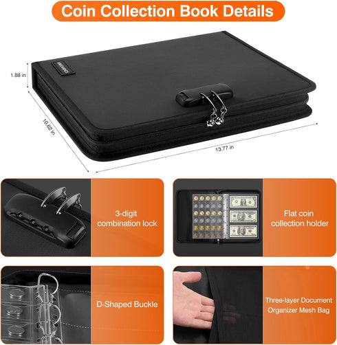 Coin Collection Book with 520 Pockets, Coin Holders, Coin Albums for Collectors, Paper Money Binder Organizer with Lock