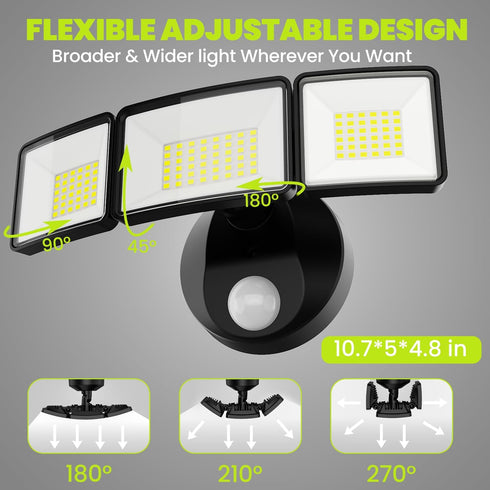 7500LM 3 IP66 38W LED Security Light Motion Sensor Outdoor Lights, Adjustable Head Hardwired LED Flood Lights Outdoor