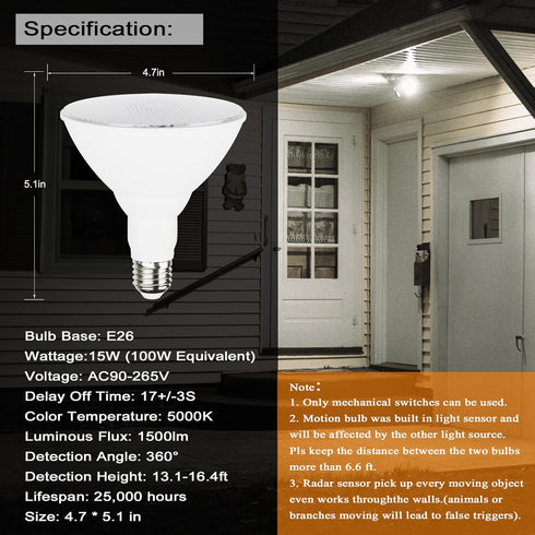 Bulbs Par38 15W (100W E26 Bulb, Bulbs 5000K(Daylight), 2 Pack Radar Motion Sensor Light - Equivalent), Base, Motion