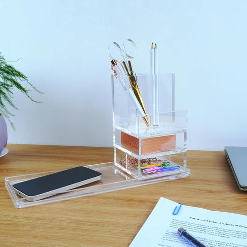 Clear Acrylic Desk Organizer 4-Piece Kit with Free Acrylic Ruler, Desktop Organization for Office or Home
