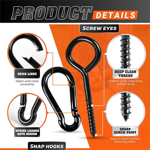 2PCS 5Inch Plated Screw Eyes Hook & 2PCS 8MM Snap Hooks for Securing Cable Wires, Hammock Stand, Indoor & Outdoor